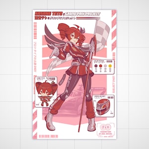 May include: A digital illustration of a red-haired anime character in a racing suit, holding a checkered flag. The character is standing in front of a red and white race car. The image includes the text "KASANE TETO GRAND PRIX PROJECT" and "プロトタイプの主題0401".