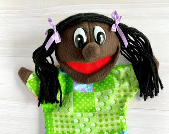 African American Girl Hand Puppet, Movable Mouth, Educational Toy