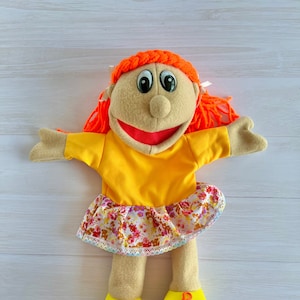 Latina Ginger Girl Hand Puppet Full Body with Movable Mouth, Teacher Tools, Homeschooling, Interactive Toys, Speech therapy materials.