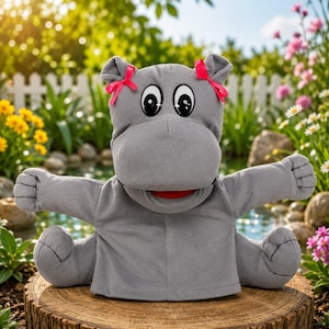 May include: A gray plush hippo hand puppet featuring large white eyes with black pupils, a red mouth, and two small pink bows attached to the top of its ears. The puppet has outstretched arms and legs, with stitched details on the feet and hands.