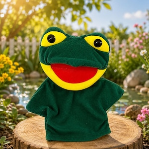 May include: A green frog hand puppet featuring large yellow eye patches with black pupils and a wide, bright red mouth. The puppet is constructed from a soft, textured fabric and is designed to fit over a hand for interactive play and storytelling.