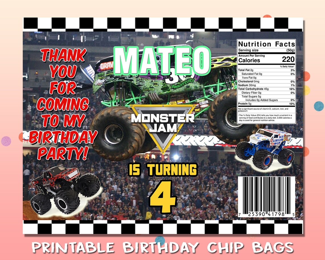 Monster Jam Chip Bags Party Supplies Monster Jam Birthday Etsy