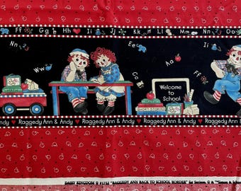 Vtg Daisy Kingdom Raggedy Ann Back to School Double Border Fabric Red 1752 1 yd.