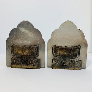 Vintage Covered Wagon bookends heavy metal silver and bronze color 6&quot; H, 3 lbs.