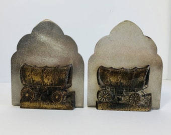 Vintage Covered Wagon bookends heavy metal silver and bronze color 6" H, 3 lbs.
