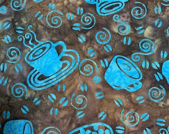 Batik cotton fabric 49x44” featuring steaming coffee cups