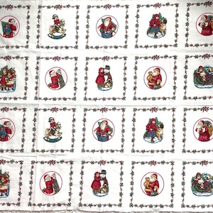 May include: A white fabric panel featuring a repeating grid of twenty square frames, each bordered by green holly and red berries. Inside each square is a circular illustration of Christmas scenes including Santa Claus, children, toys, and animals.