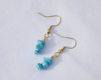 18k Gold Plated Blue Turquoise Dangle Fishhook Earrings - Hypoallergenic, Gold Plated, Nickel Free (Clip on option available, Msg me)