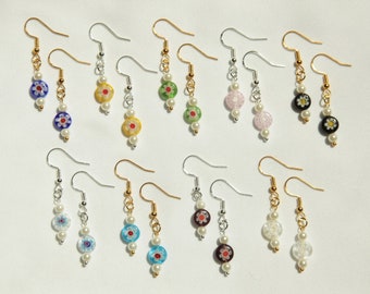 925 Sterling Silver/Gold Pearl & Colorful Glass Bead Flower/Millefiori Earrings (Hypoallergenic, Nickel free, Clip-on available, check desc)