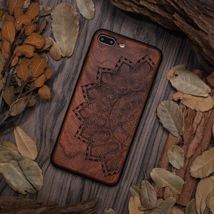 Engravable Mandala Rose Wood Phone Case For iPhone 11/12/13/14/15 Pro Max,iPhone XR/8,Samsung S8/S9/S10/S20/S21/S22/S23/S24 Plus,Note 10/20 image 1