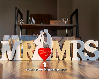 Personalisierung Mr&Mrs Hochzeitsschilder,3D Dekoration mit Licht,Holz Jahrestag Geschenk,Desktop Foto ordner Ornamente,Valentinstag Geschenk