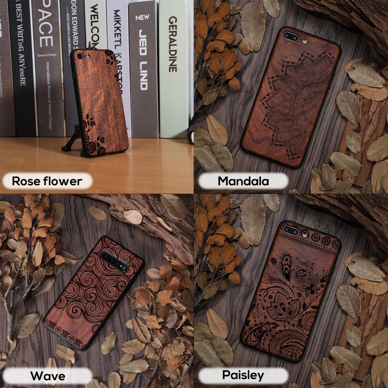 Engravable Mandala Rose Wood Phone Case For iPhone 11/12/13/14/15 Pro Max,iPhone XR/8,Samsung S8/S9/S10/S20/S21/S22/S23/S24 Plus,Note 10/20 image 4