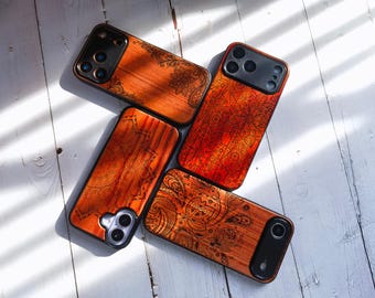 Engravable Mandala Rose Wooden Phone Case For iPhone 17 Series/Samsung Galaxy S26 Series,Paisley Bamboo Phone Case,Lotus Walnut Phone case
