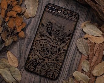 Engravable Mandala Walnut Wood Phone Case For iPhone 11/12/13/14/15 Pro Max,iPhone X/XR/8,Samsung S8/S9/S10/S20/S21/S22/S23 Plus,Note 10/20+