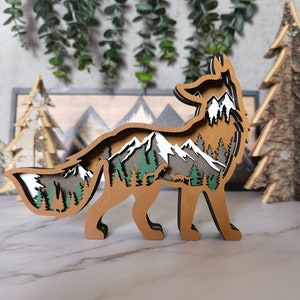 3D Wooden Fox Decoration with light,Wooden Wolf Horse Decor Craft,Wooden Christmas ornament,Wall Decoration,Desktop ornaments,Free Engraving image 7