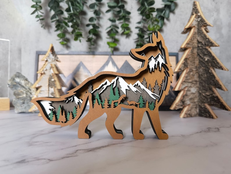 3D Wooden Fox Decoration with light,Wooden Wolf Horse Decor Craft,Wooden Christmas ornament,Wall Decoration,Desktop ornaments,Free Engraving image 7