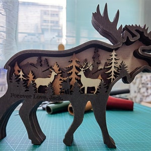 Wooden Animal Carvings, 3D Natural Animal Decoration with light,Wooden Bear Moose Forest Scene,Desktop ornament,Wall/Door Decor,Holiday Gift Moose