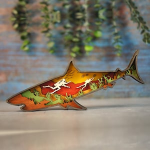 3D Wooden Shark Whale Decoration with light,Wooden Animal Craft,Wooden Sea Bass Seabed Diving Decor Carving,Desktop ornaments,Free Engraving