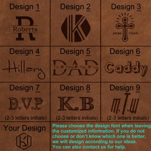 May include: A brown leather surface featuring nine distinct engraved design options labeled Design 1 through Design 9, showcasing various monograms, names, and symbols. Text at the bottom provides instructions for choosing a custom design font.