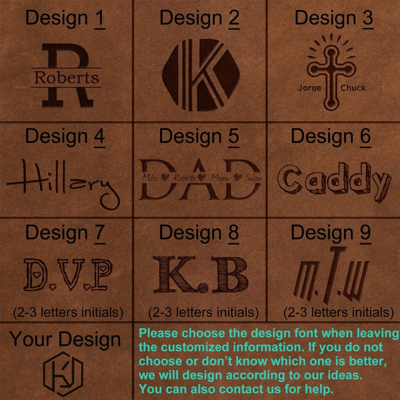 May include: A brown leather surface featuring nine distinct engraved design options labeled Design 1 through Design 9, showcasing various monograms, names, and symbols. Text at the bottom provides instructions for choosing a custom design font.
