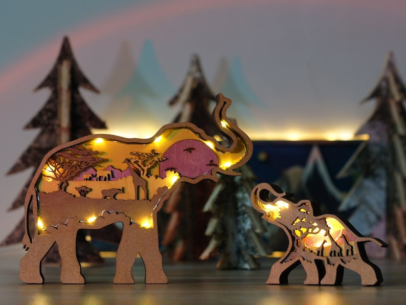 Wooden Animal Carvings, 3D Natural Animal Decoration with light,Wooden Bear Moose Forest Scene,Desktop ornament,Wall/Door Decor,Holiday Gift Elephants