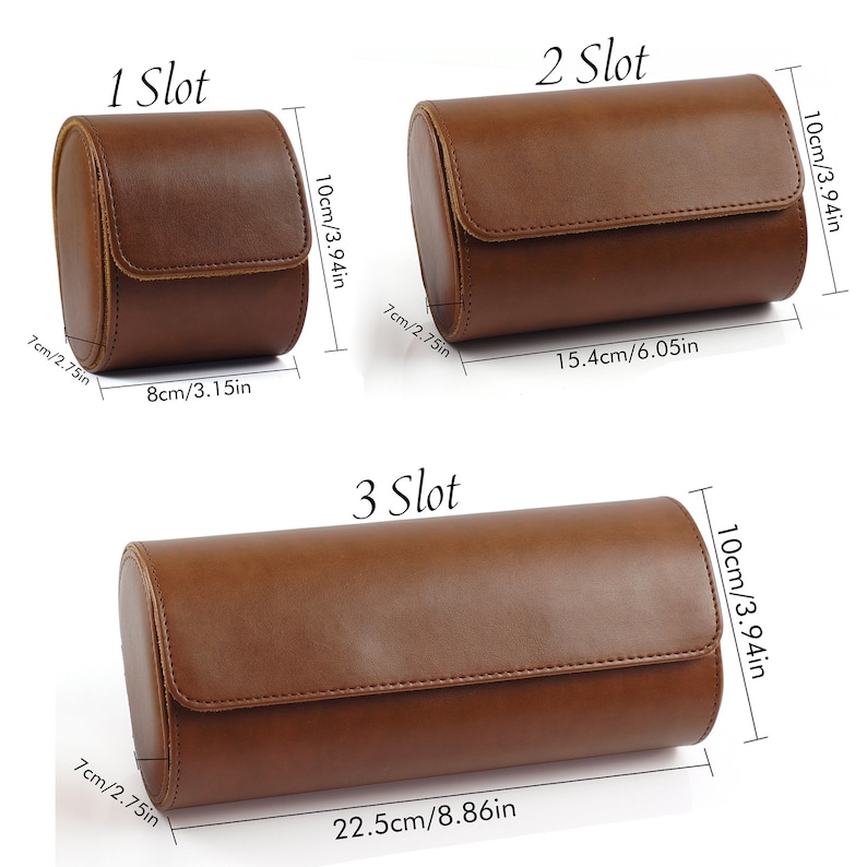 May include: Three brown cylindrical watch cases labeled 1 Slot, 2 Slot, and 3 Slot. The 1 Slot case measures 3.15 inches by 3.94 inches by 2.75 inches. The 2 Slot case is 6.05 inches by 3.94 inches by 2.75 inches. The 3 Slot case is 8.86 inches by 3.94 inches by 2.75 inches.