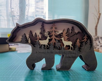 Wooden Animal Carvings, 3D Natural Animal Decoration with light,Wooden Bear Moose Forest Scene,Desktop ornament,Wall/Door Decor,Holiday Gift