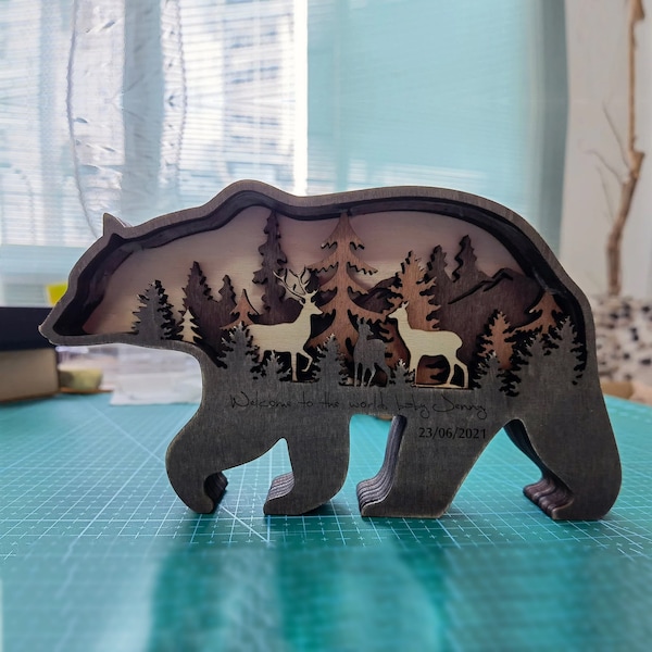 Sculptures d'animaux en bois, Décoration animale naturelle 3D avec lumière, Scène de forêt en bois d'ours et d'orignaux, Ornement de bureau, Décoration de mur/de porte, Cadeau de vacances