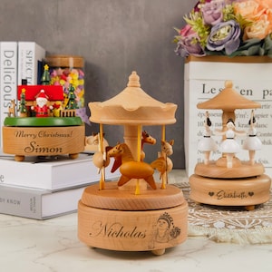 Caja de música de carrusel de recuerdo grabada personalizada, caja de música de madera de Navidad/niña bailarina, regalo de cumpleaños conmemorativo de aniversario para bebés/niños