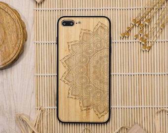 Funda de madera de bambú con diseño de mandala personalizable para iPhone 11/12/13/14/15/16 Pro, iPhone 8/XR, Samsung S10/S20/S21/S22/S23/S24/S25 Plus y Note 10/20.