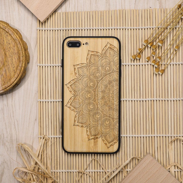 Customizable Mandala Bamboo Wood Phone Case For iPhone 11/12/13/14/15 Pro,iPhone 8/XR,Samsung S8/S9/S10/S20/S21/S22/S23/S24 Plus,Note 10/20