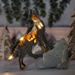 3D Wooden Fox Decoration with light,Wooden Wolf Horse Decor Craft,Wooden Christmas ornament,Wall Decoration,Desktop ornaments,Free Engraving Wolf
