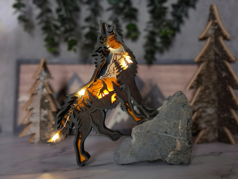 3D Wooden Fox Decoration with light,Wooden Wolf Horse Decor Craft,Wooden Christmas ornament,Wall Decoration,Desktop ornaments,Free Engraving Wolf