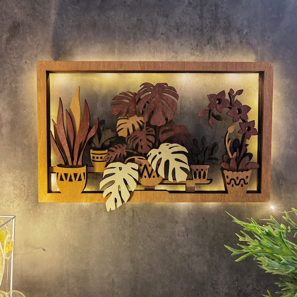 3D Wooden Flower Wall Art Frame,Botanical Greenery Wall Hanging Decoration,Monstera Decor,Potted Plant Ornament,DIY Flower Framed,Home Decor