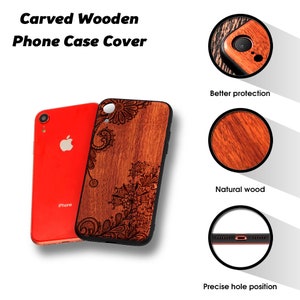 Engravable Mandala Rose Wood Phone Case For iPhone 11/12/13/14/15 Pro Max,iPhone XR/8,Samsung S8/S9/S10/S20/S21/S22/S23/S24 Plus,Note 10/20 Big Lotus