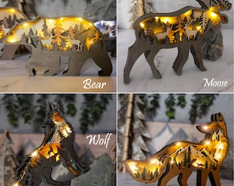 Personalized Wooden Animal Toys Decoration with Warm Light Installed,3D Wooden Bear Moose Fox Elephants Dinosaur Shark,Wall Decor ornament