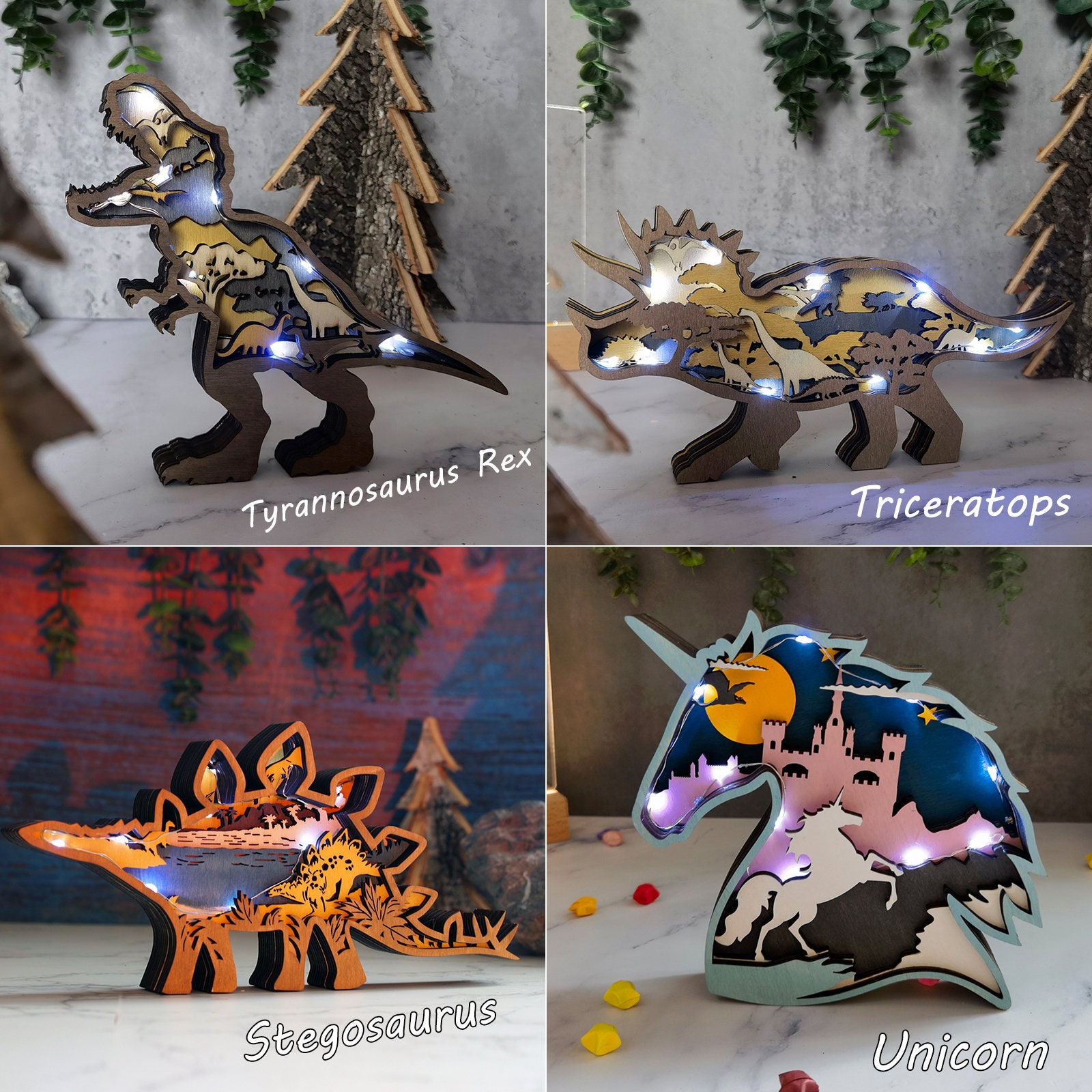 3D Wooden Animal Decoration with White light,Wooden Bear Moose Wolf Shark Dinosaur Rooster, Wooden Carving,Desktop ornament,Free Engraving