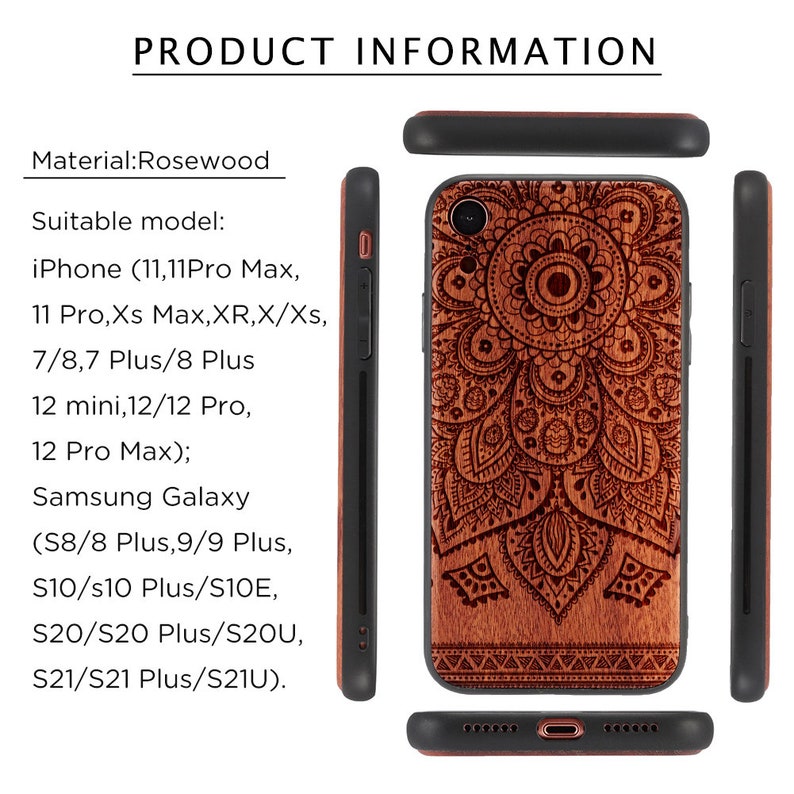 Engravable Mandala Rose Wood Phone Case For iPhone 11/12/13/14/15 Pro Max,iPhone XR/8,Samsung S8/S9/S10/S20/S21/S22/S23/S24 Plus,Note 10/20 image 10