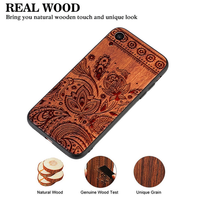 Engravable Mandala Rose Wood Phone Case For iPhone 11/12/13/14/15 Pro Max,iPhone XR/8,Samsung S8/S9/S10/S20/S21/S22/S23/S24 Plus,Note 10/20 Paisley