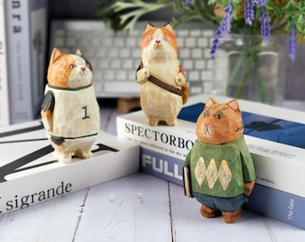 Wooden Cats Art Figurine,Hand Painted Bookworm Cat Wood Carving,Hand Carved Cats Decor, Handmade Cats Ornaments,Desktop Decor Blessing Gifts