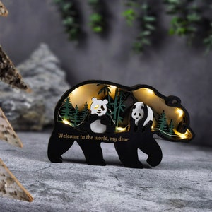 3D Wooden Panda Raccoon Decoration with light,Wooden Wildlife Animal Craft,Wooden Panda ornaments Carvings,Desktop ornaments,Free Engraving