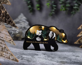 3D Wooden Panda Raccoon Decoration with light,Wooden Wildlife Animal Craft,Wooden Panda ornaments Carvings,Desktop ornaments,Free Engraving