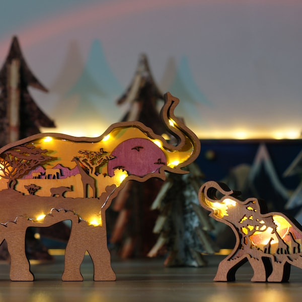 Décoration d’éléphant en bois 3D avec lumière, artisanat d’animaux en bois, sculptures d’ornement de Noël d’éléphant en bois, ornement de bureau, cadeau gravé gratuit