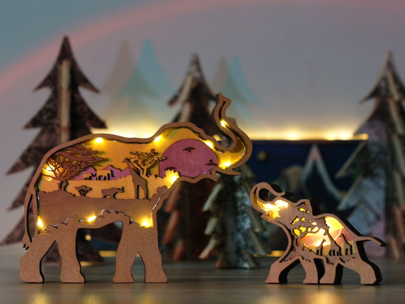 3D Wooden Elephant Decoration with light,Wooden Animal Craft,Wooden Elephant Christmas ornament Carvings,Desktop ornament,Free Engraved Gift image 1