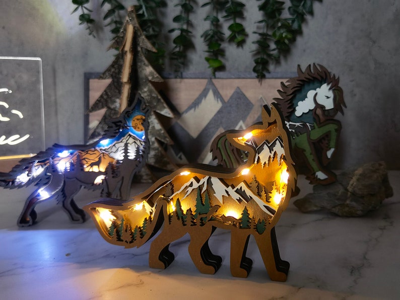 3D Wooden Fox Decoration with light,Wooden Wolf Horse Decor Craft,Wooden Christmas ornament,Wall Decoration,Desktop ornaments,Free Engraving image 4