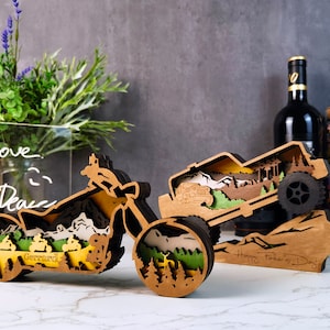 3D Wooden Off-Road Vehicle Motorcycle Decoration with light,Bull Market Horse Wood Carving,Wooden Forest Scene,Desktop Ornament,Gift For Man