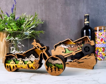 3D Wooden Off-Road Vehicle Motorcycle Decoration with light,Bull Market Horse Wood Carving,Wooden Forest Scene,Desktop Ornament,Gift For Man
