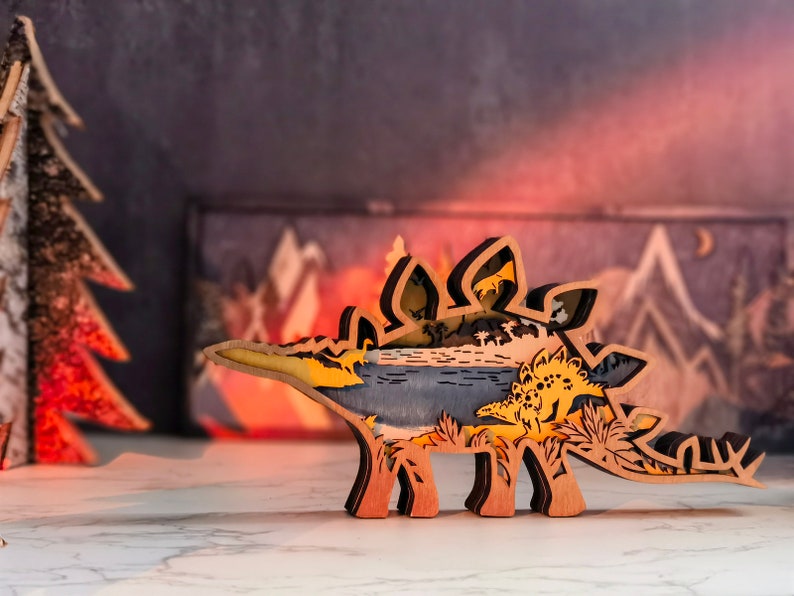 Wooden Dinosaurs Carvings, 3D Natural Animal Decoration with light,Wooden Dinosaur Scene,Dinosaur Desktop Ornaments,Dinosaur Toys For Child Stegosaurus