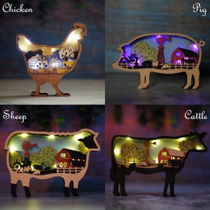 3D Wooden Cattle Sheep Pig Decoration with light,Wooden Farm Animal Craft Decor,Wooden Cow Chicken Ornament,Desktop Decor,Free Engraved Gift