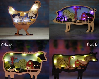 3D Wooden Cattle Sheep Pig Decoration with light,Wooden Farm Animal Craft Decor,Wooden Cow Chicken Ornament,Desktop Decor,Free Engraved Gift